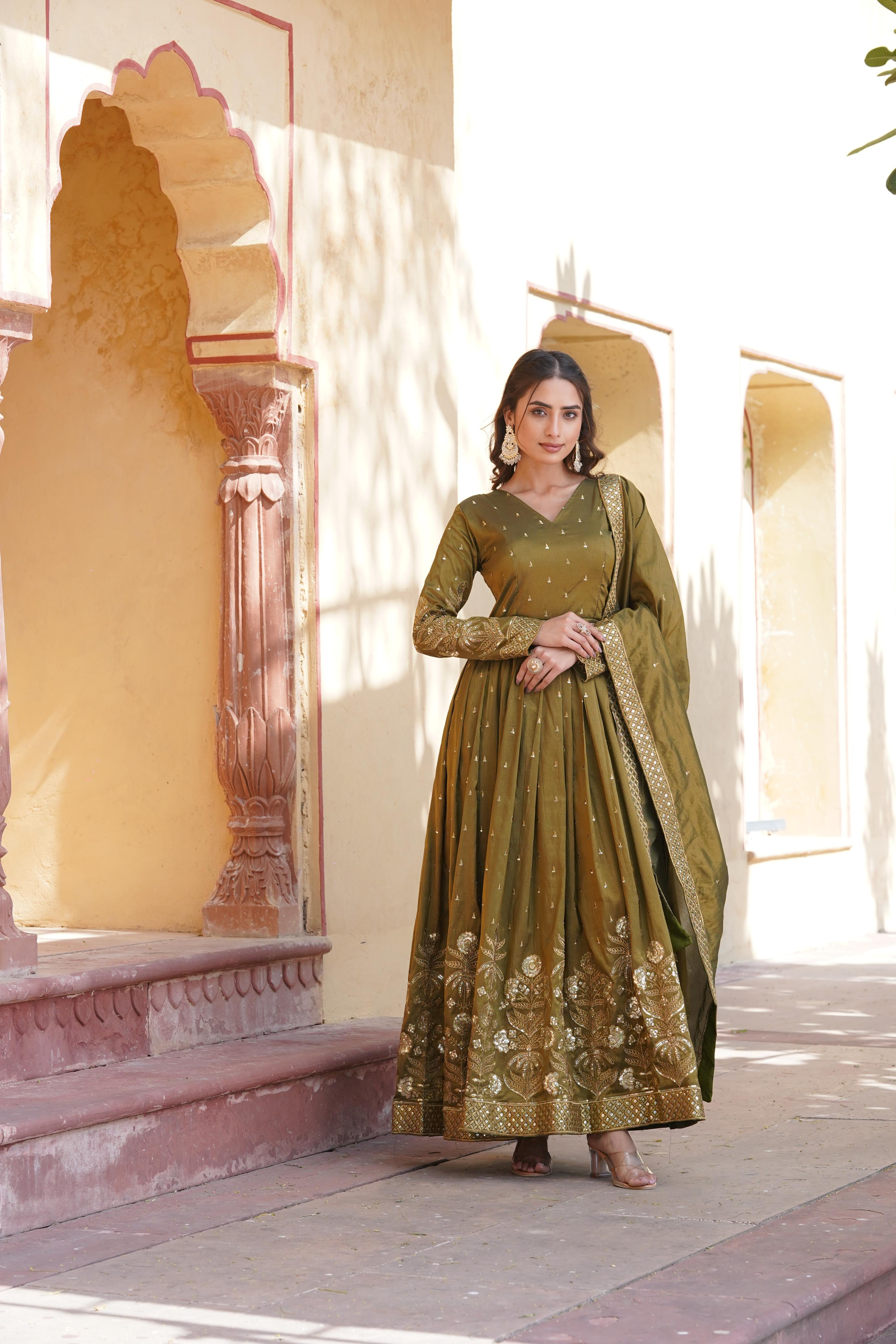 Outstanding Mahendi Anarkali Set