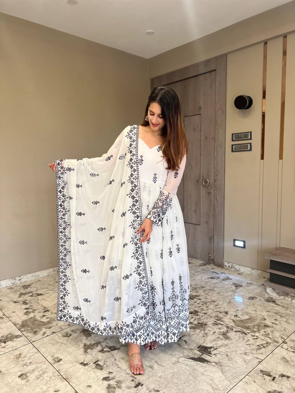 Demesne White Anarkali Set