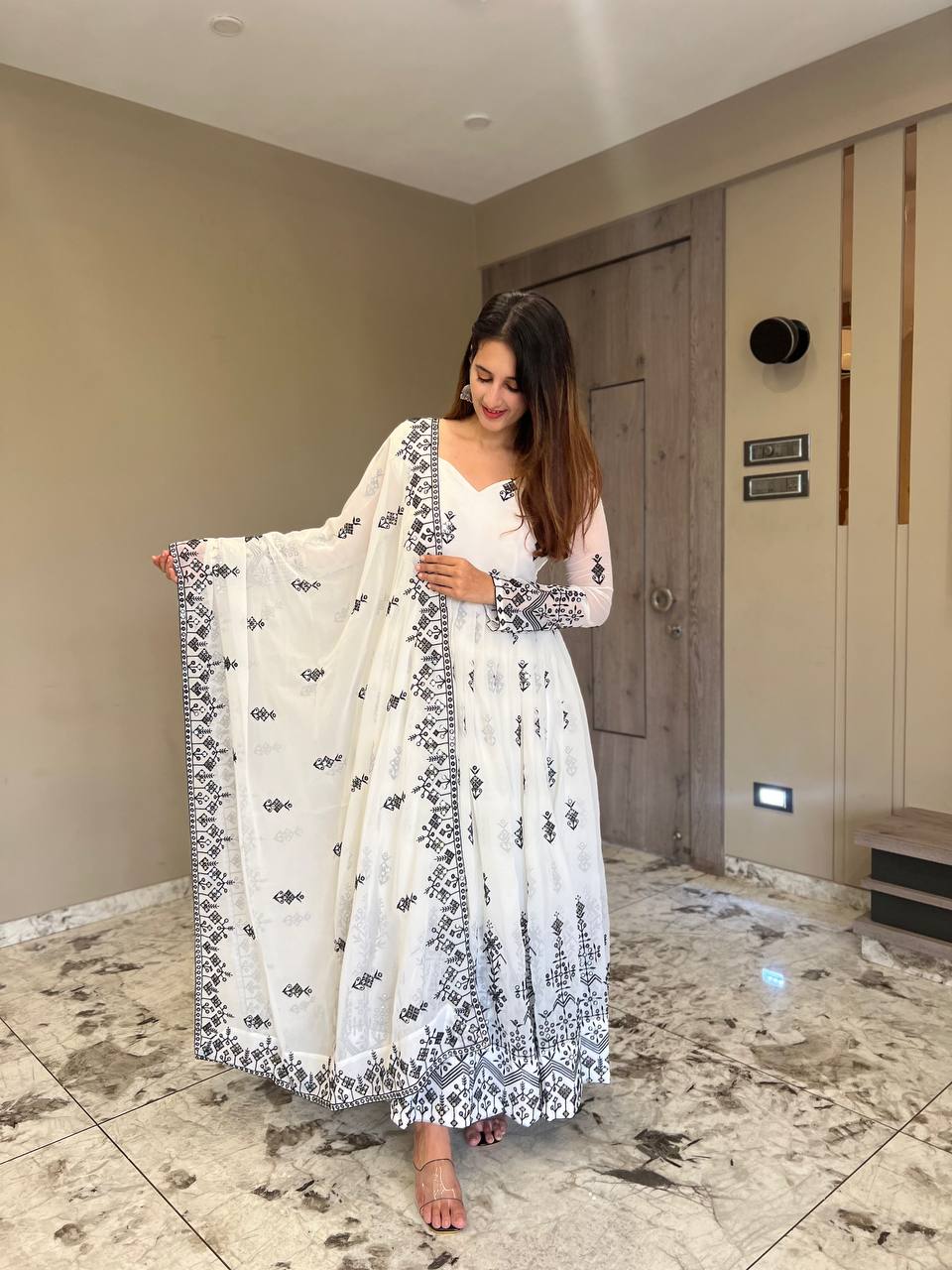 Demesne White Anarkali Set