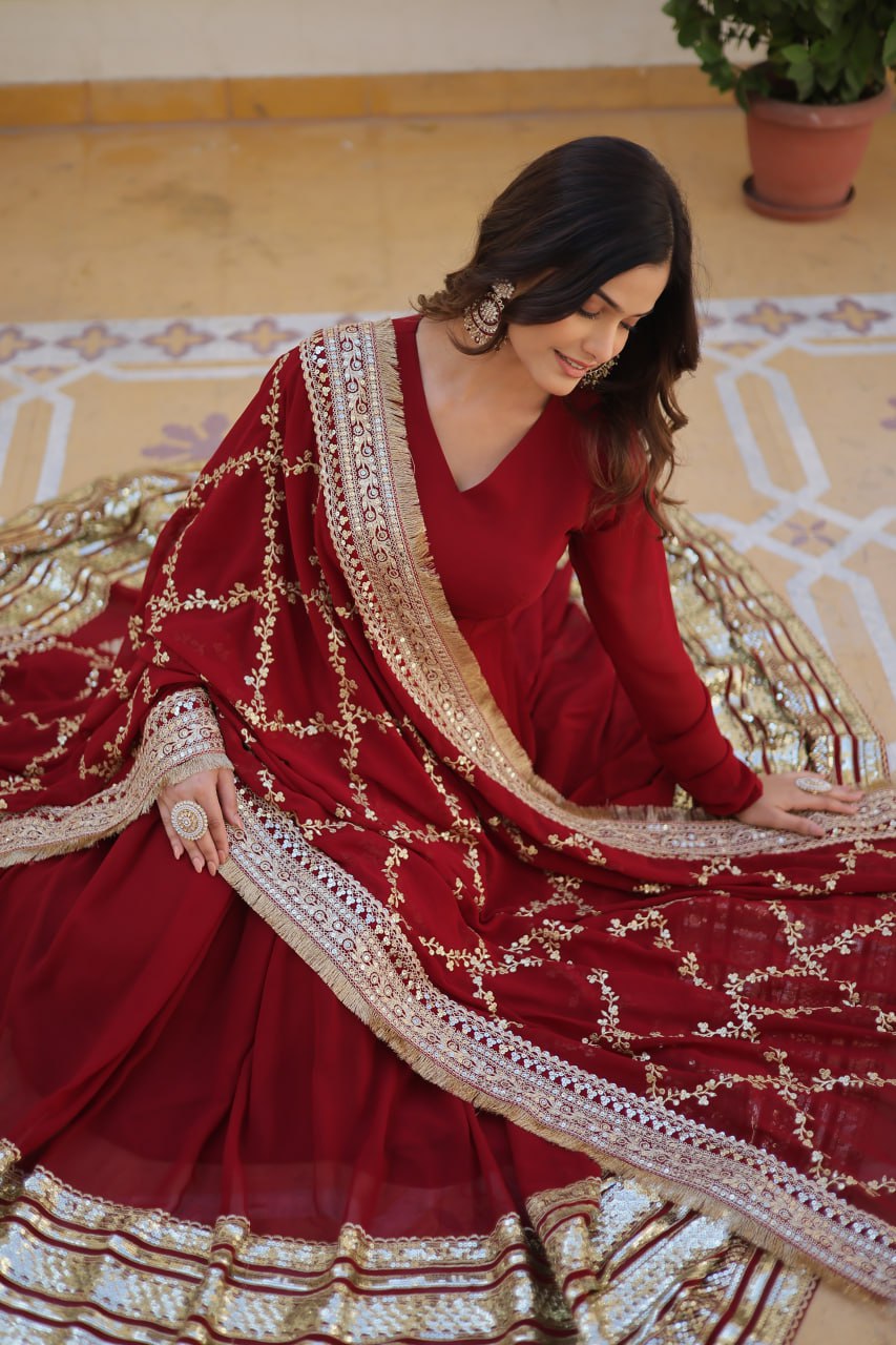 Ideal Maroon Anarkali Set