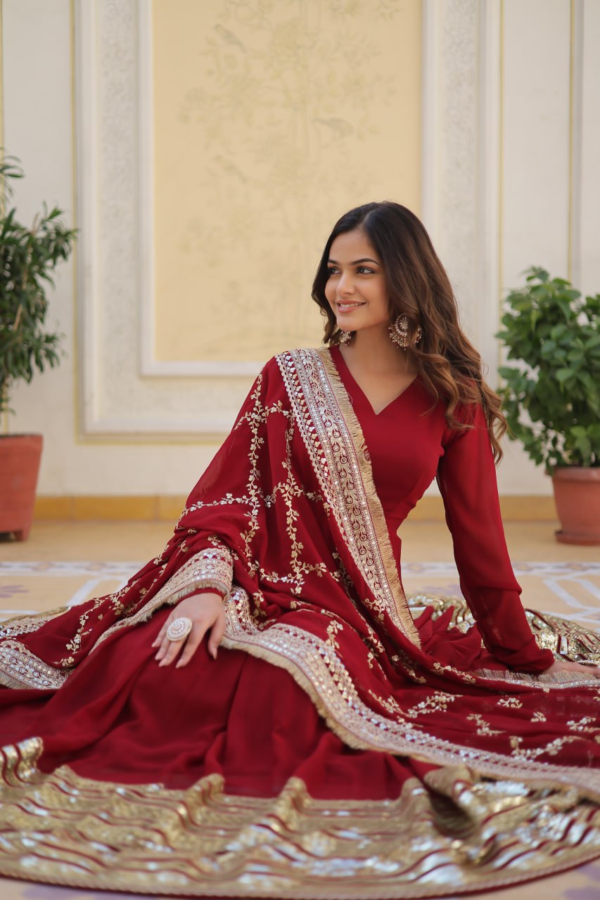 Ideal Maroon Anarkali Set