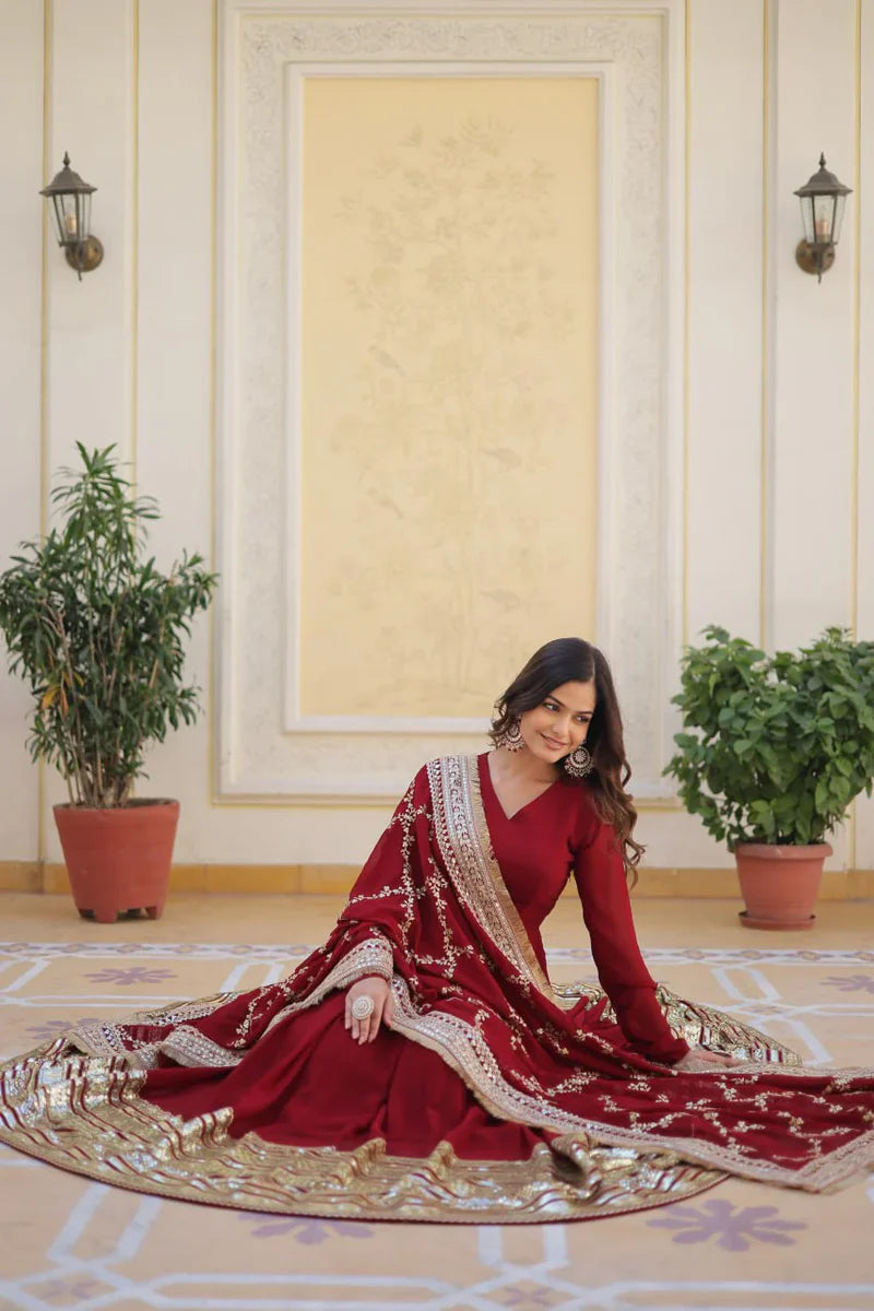 Snappy Maroon Anarkali Set