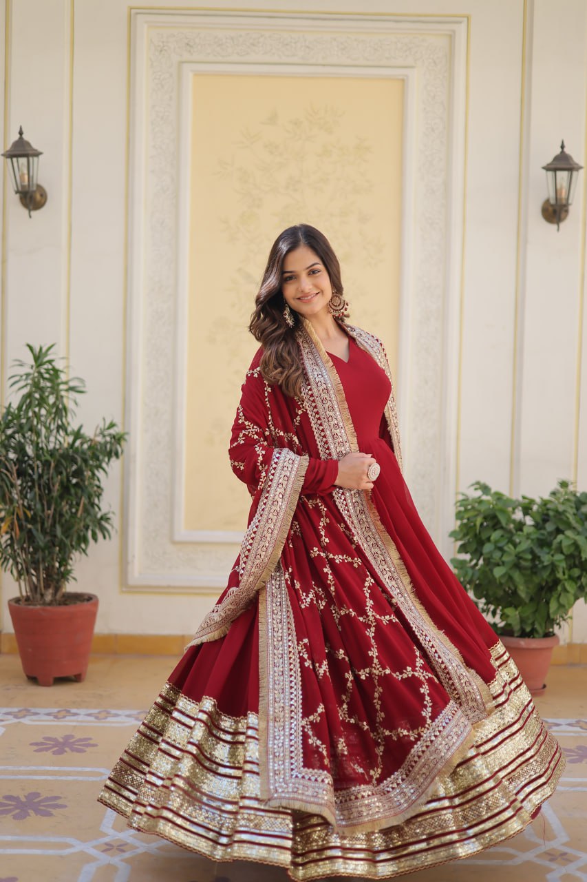 Ideal Maroon Anarkali Set