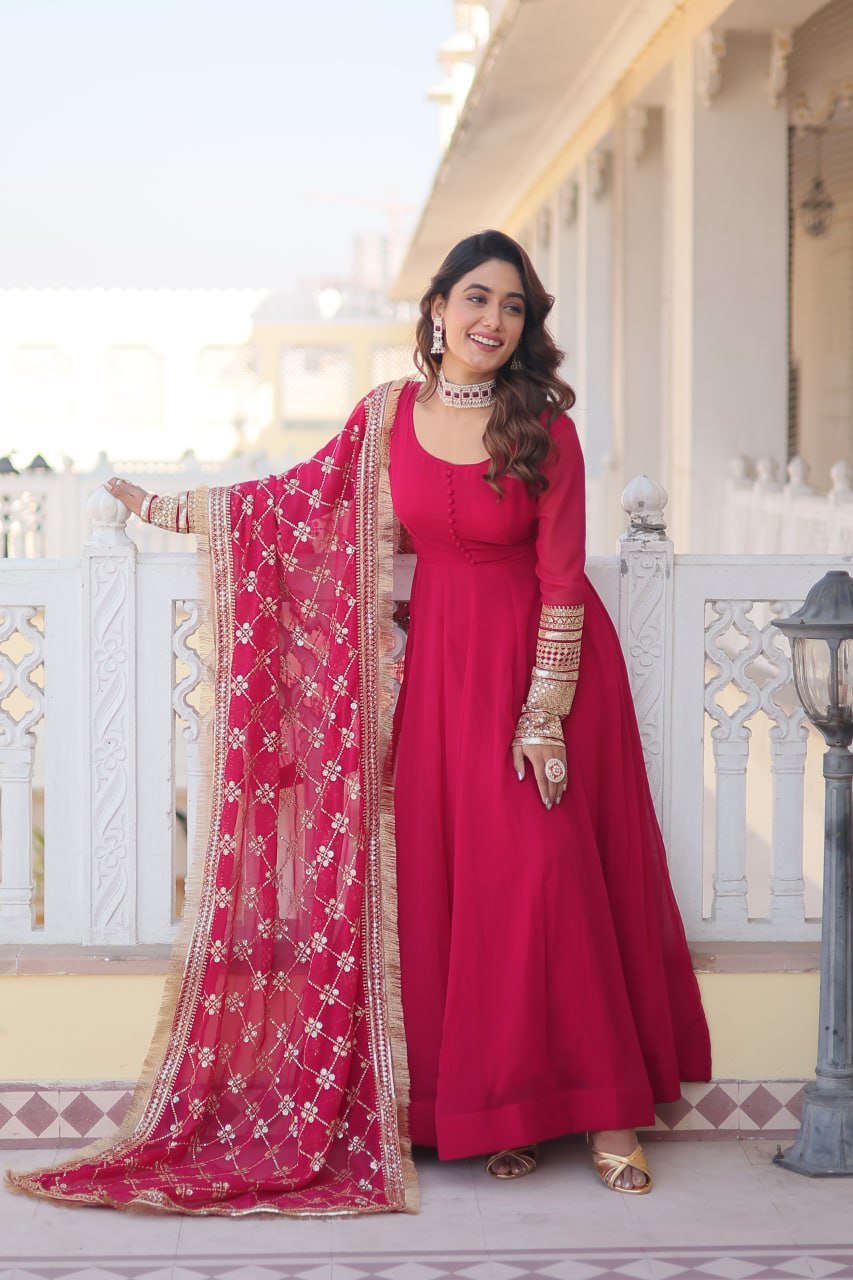 PINK COLOUR READYMADE ALIA CUT GOWN WITH DUPATTA SET-KKA-1070