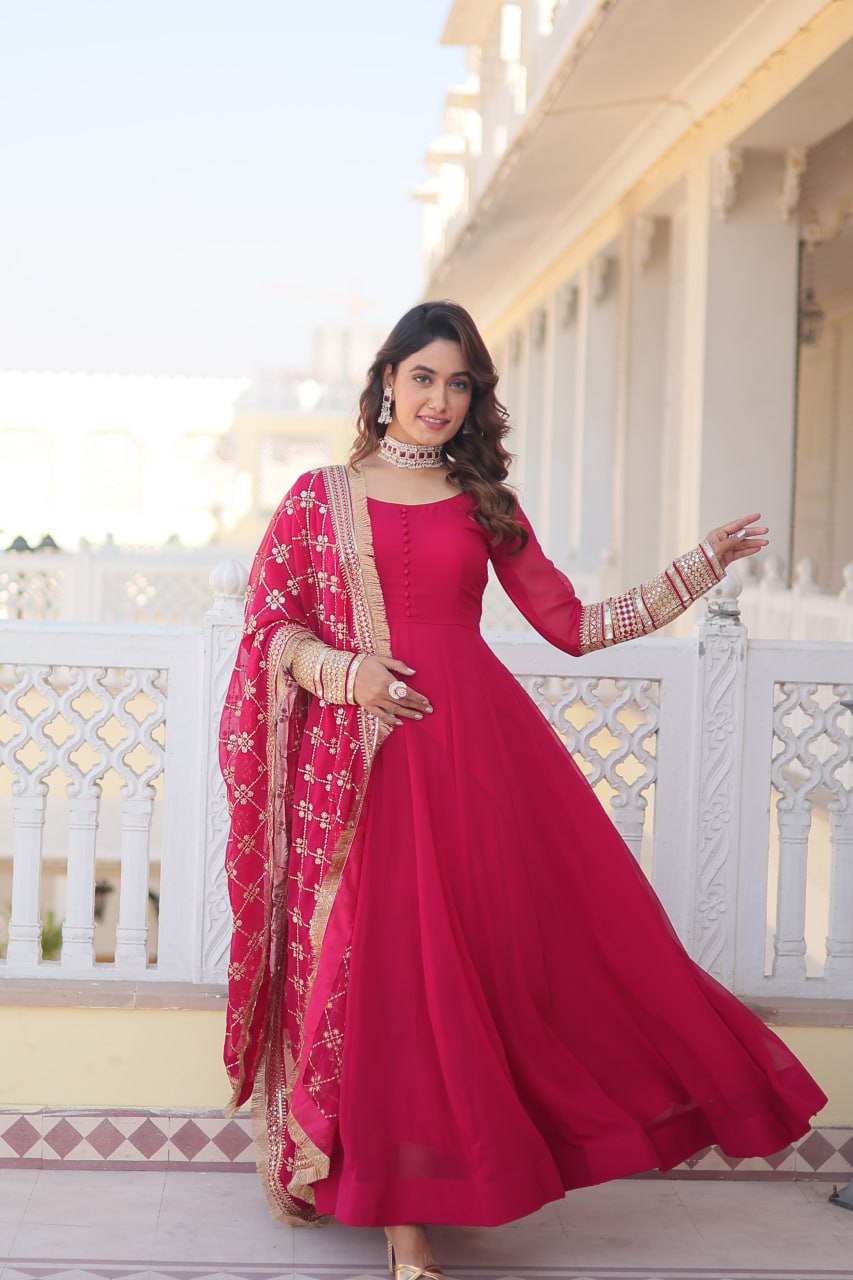 PINK COLOUR READYMADE ALIA CUT GOWN WITH DUPATTA SET-KKA-1070