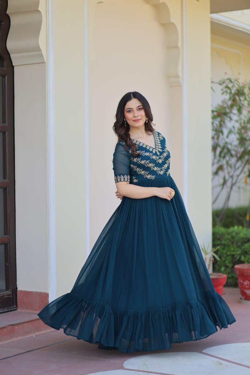 Faux Blooming Sequins & Beads Embroidered Anarkali Gown – Rama & Purple