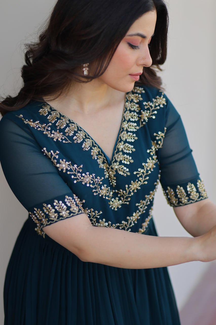 Faux Blooming Sequins & Beads Embroidered Anarkali Gown – Rama & Purple