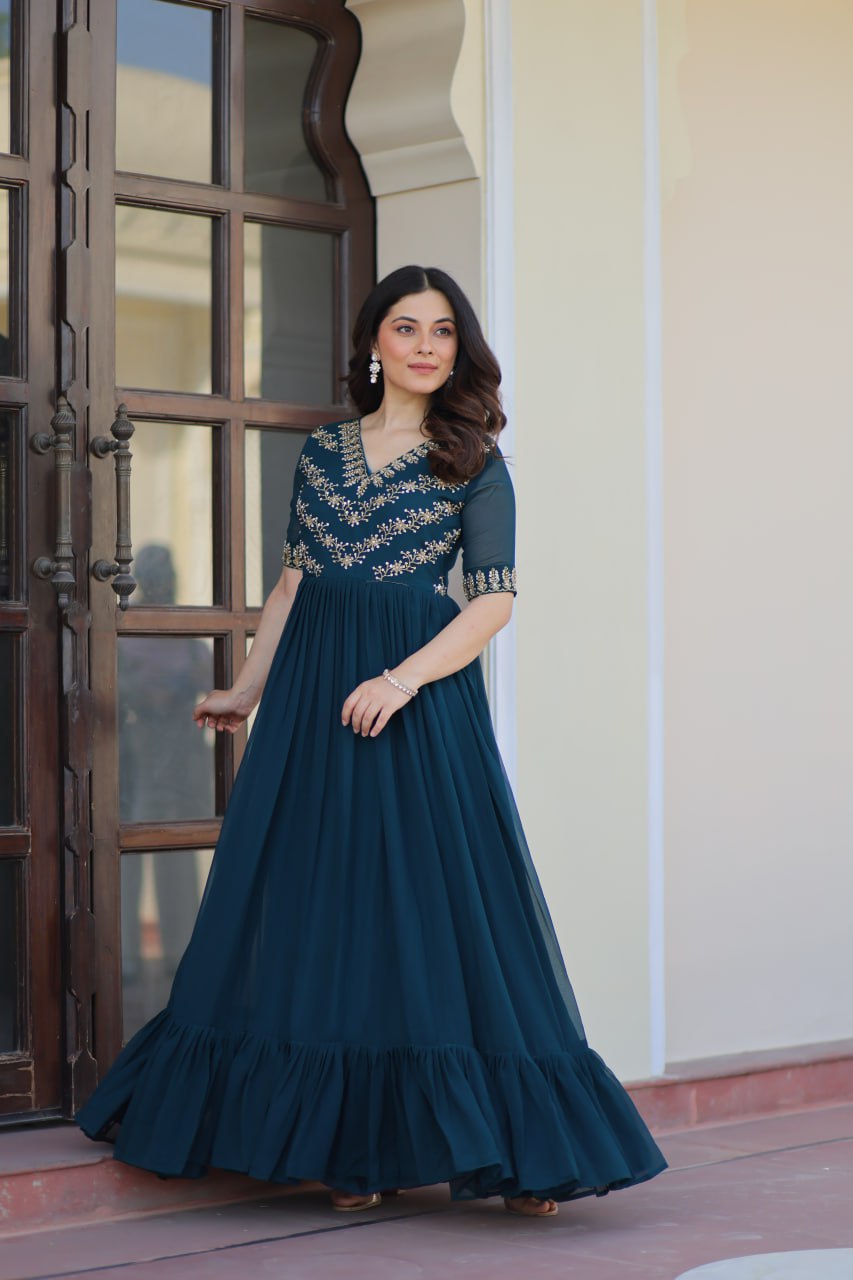 Faux Blooming Sequins & Beads Embroidered Anarkali Gown – Rama & Purple