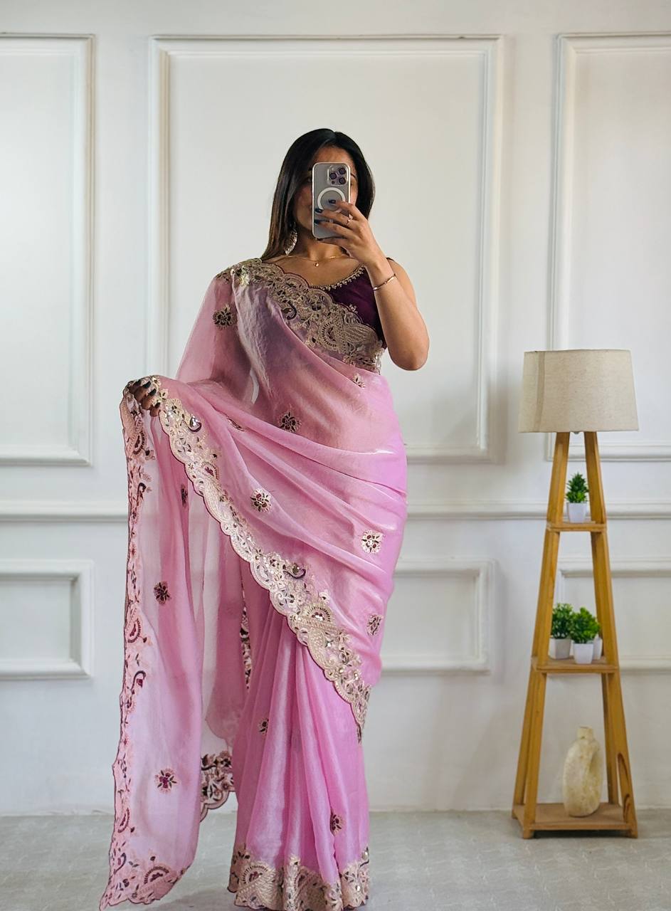 New Designer Pink Color Embroidery With Sequence Premium Bollywood Saree