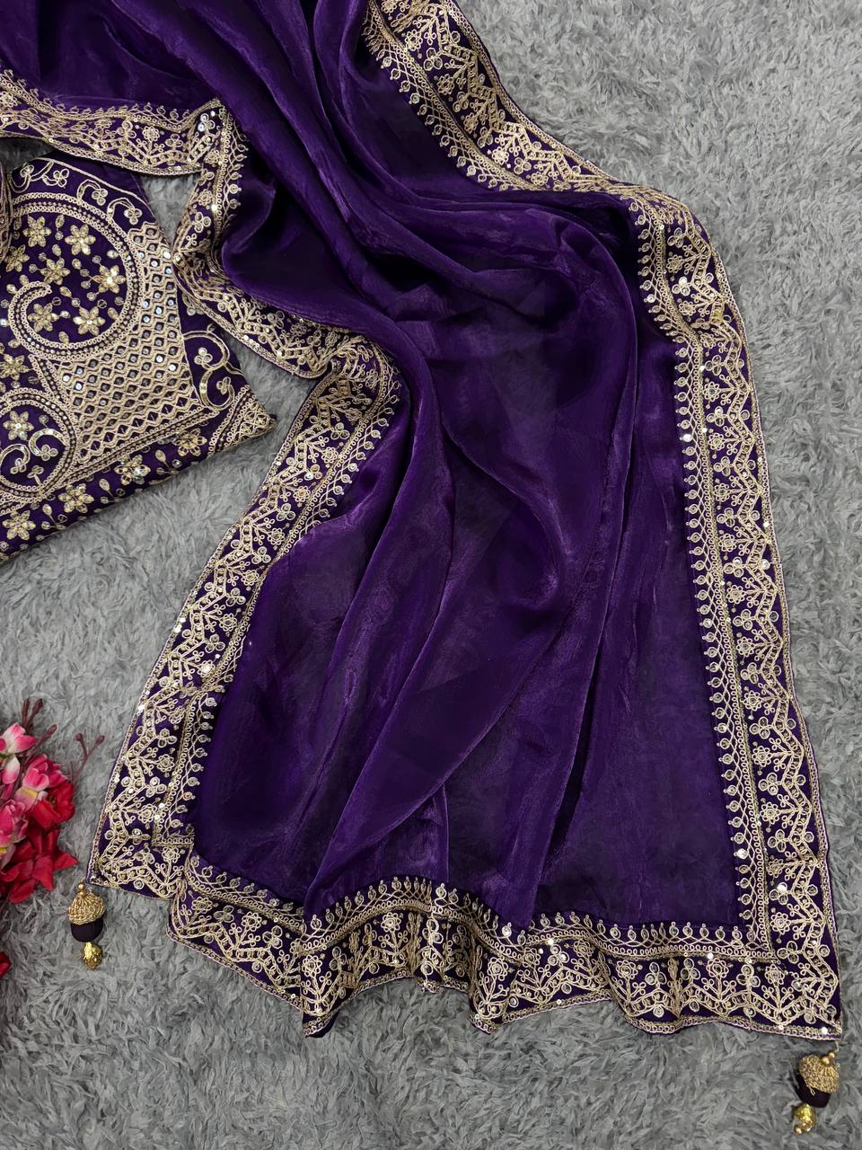 Elegant Bengani Soft Jimmi Chuu Saree with Sequins & Dori Work