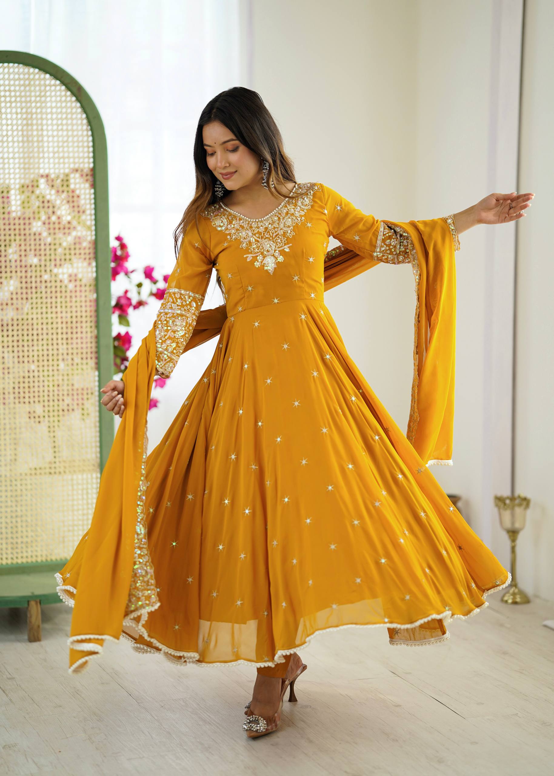 Yellow Designer Anarkali Gown with Dupatta & Bottom | Heavy Embroidery Rainbow Sequin Work
