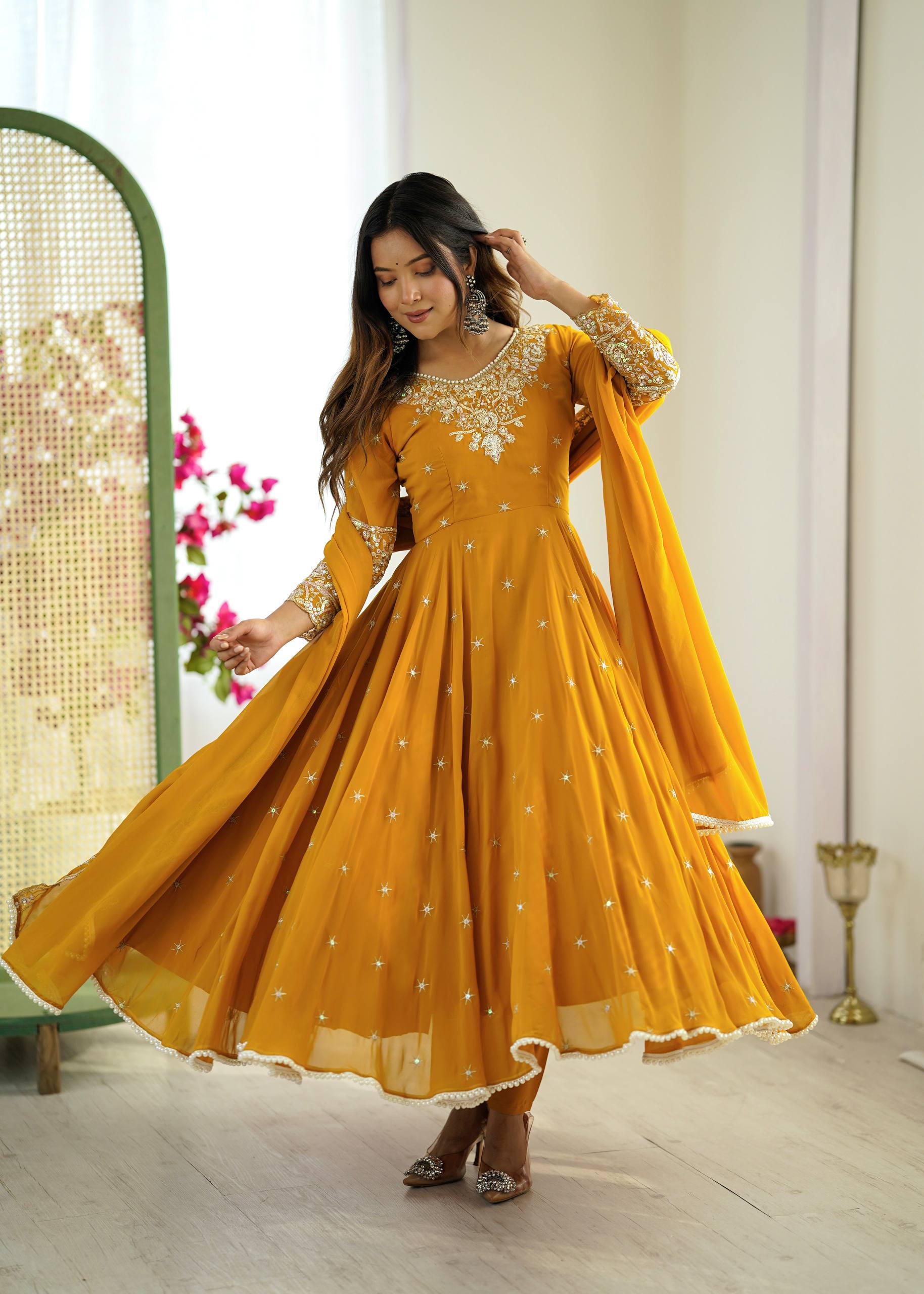 Yellow Designer Anarkali Gown with Dupatta & Bottom | Heavy Embroidery Rainbow Sequin Work
