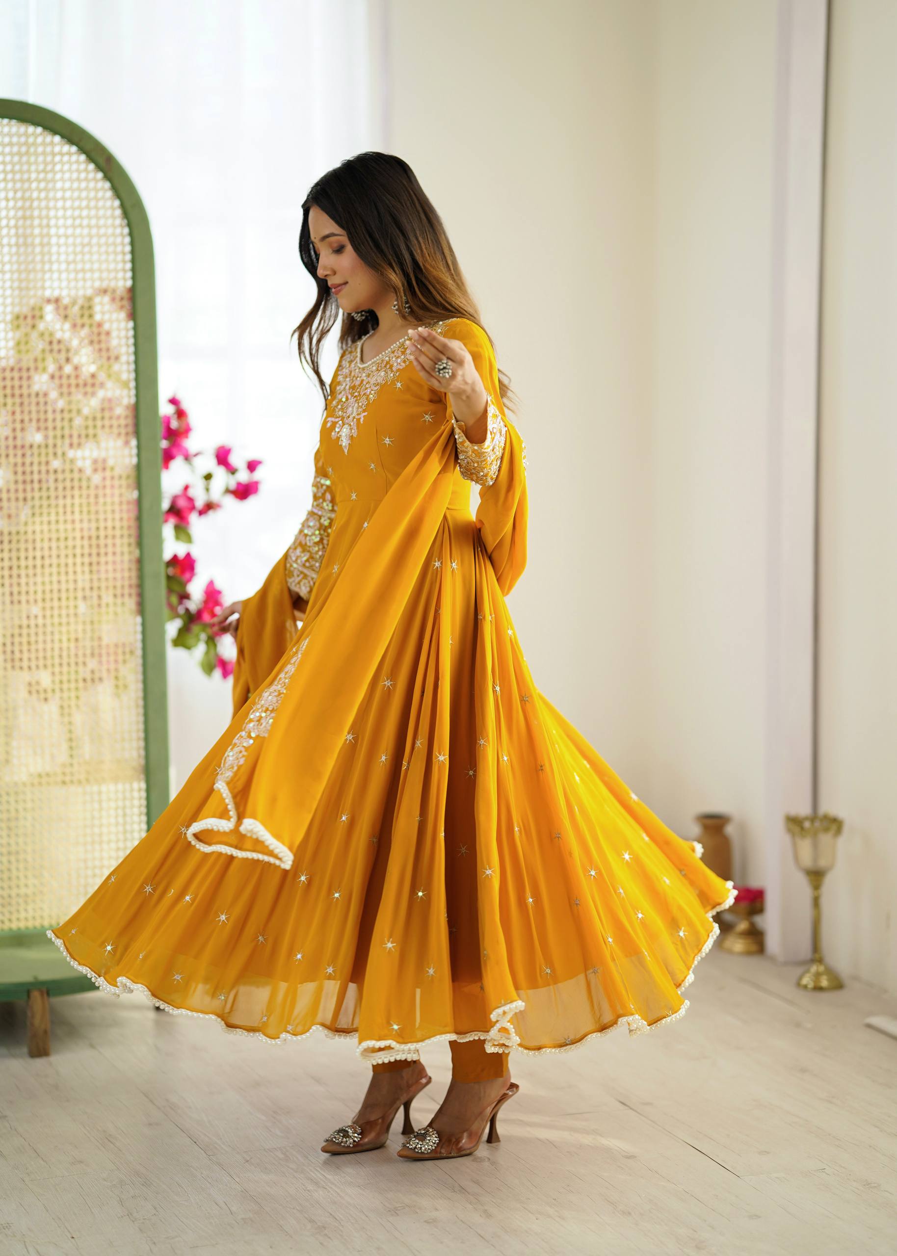 Yellow Designer Anarkali Gown with Dupatta & Bottom | Heavy Embroidery Rainbow Sequin Work