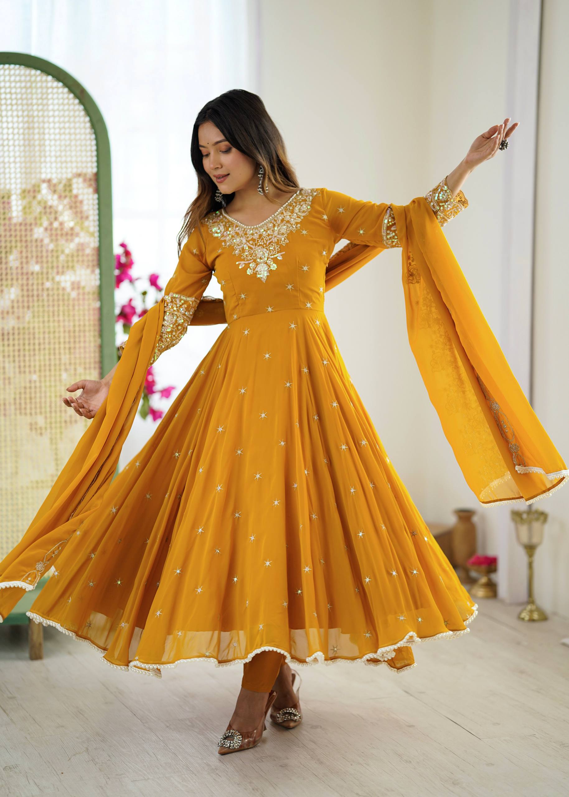Yellow Designer Anarkali Gown with Dupatta & Bottom | Heavy Embroidery Rainbow Sequin Work