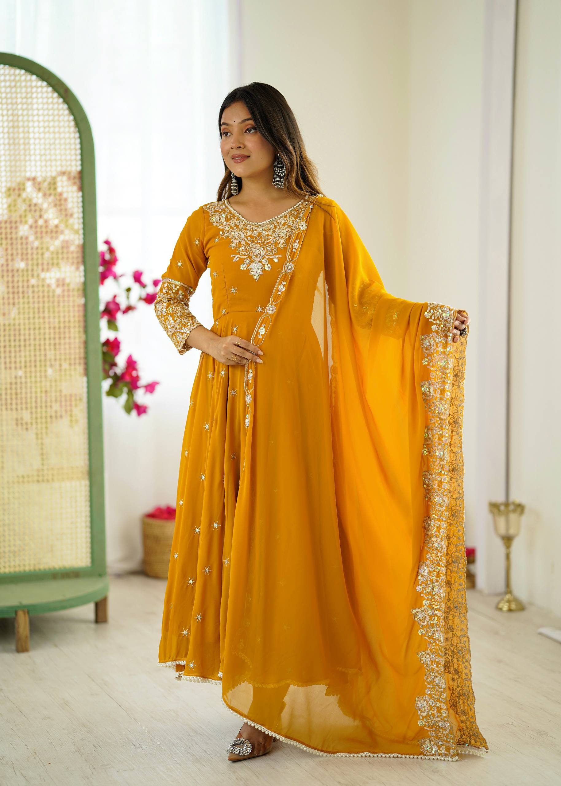 Yellow Designer Anarkali Gown with Dupatta & Bottom | Heavy Embroidery Rainbow Sequin Work