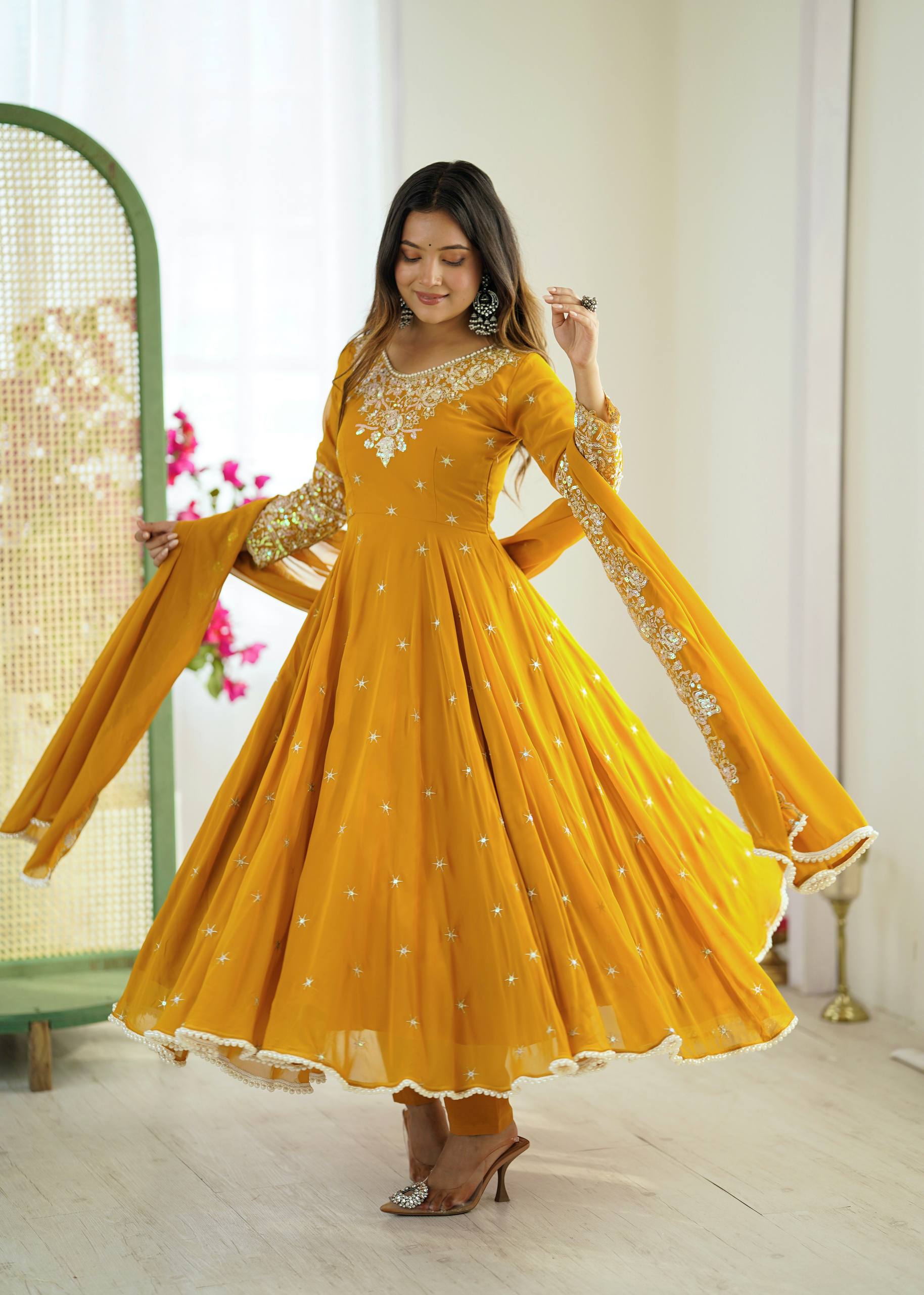 Yellow Designer Anarkali Gown with Dupatta & Bottom | Heavy Embroidery Rainbow Sequin Work