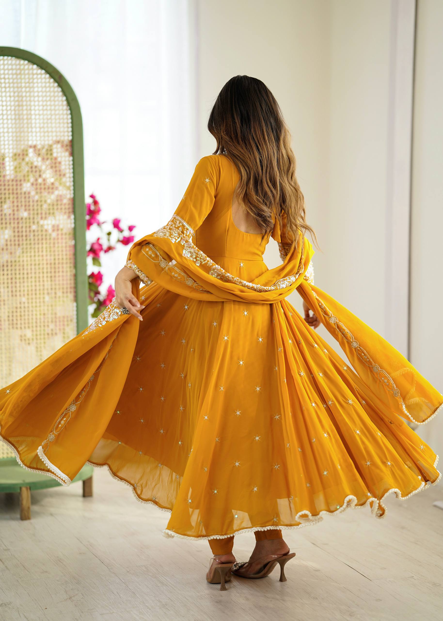 Yellow Designer Anarkali Gown with Dupatta & Bottom | Heavy Embroidery Rainbow Sequin Work