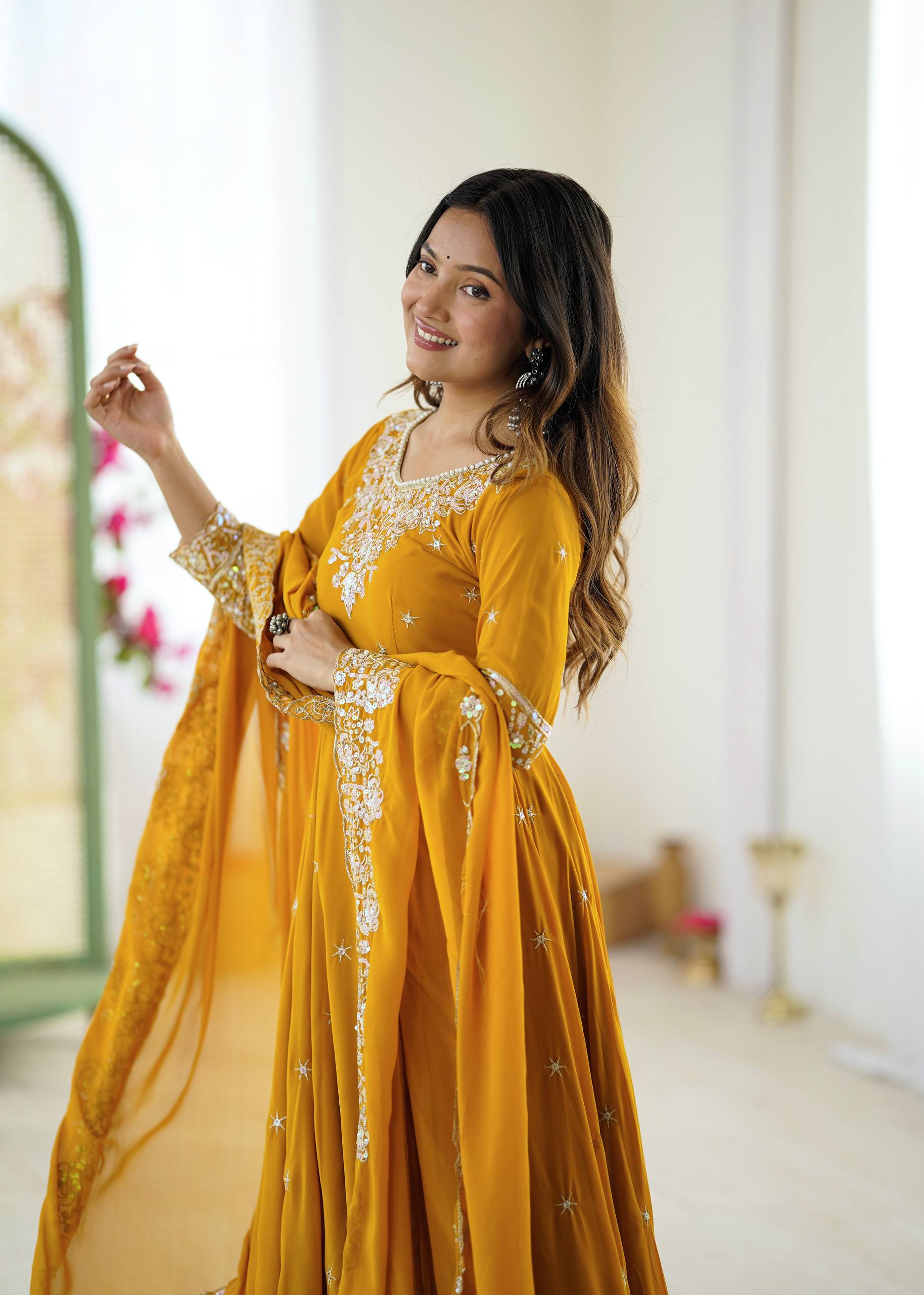 Yellow Designer Anarkali Gown with Dupatta & Bottom | Heavy Embroidery Rainbow Sequin Work