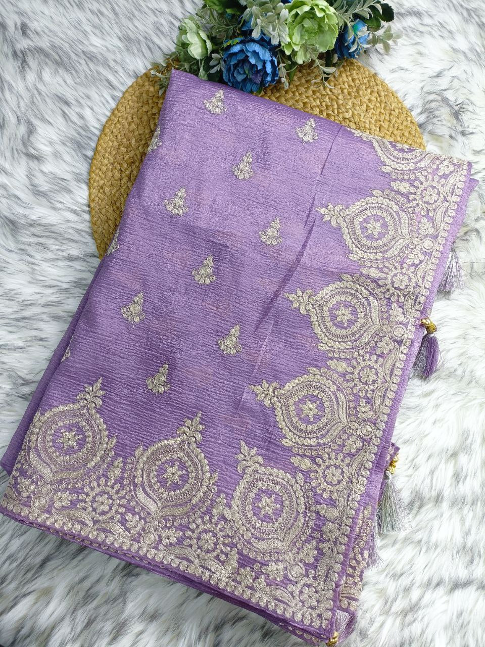 New Latest Shimmer Crushed Tissue Heavy Work Lace Border Saree In 2 Color With Unstiched Blouse