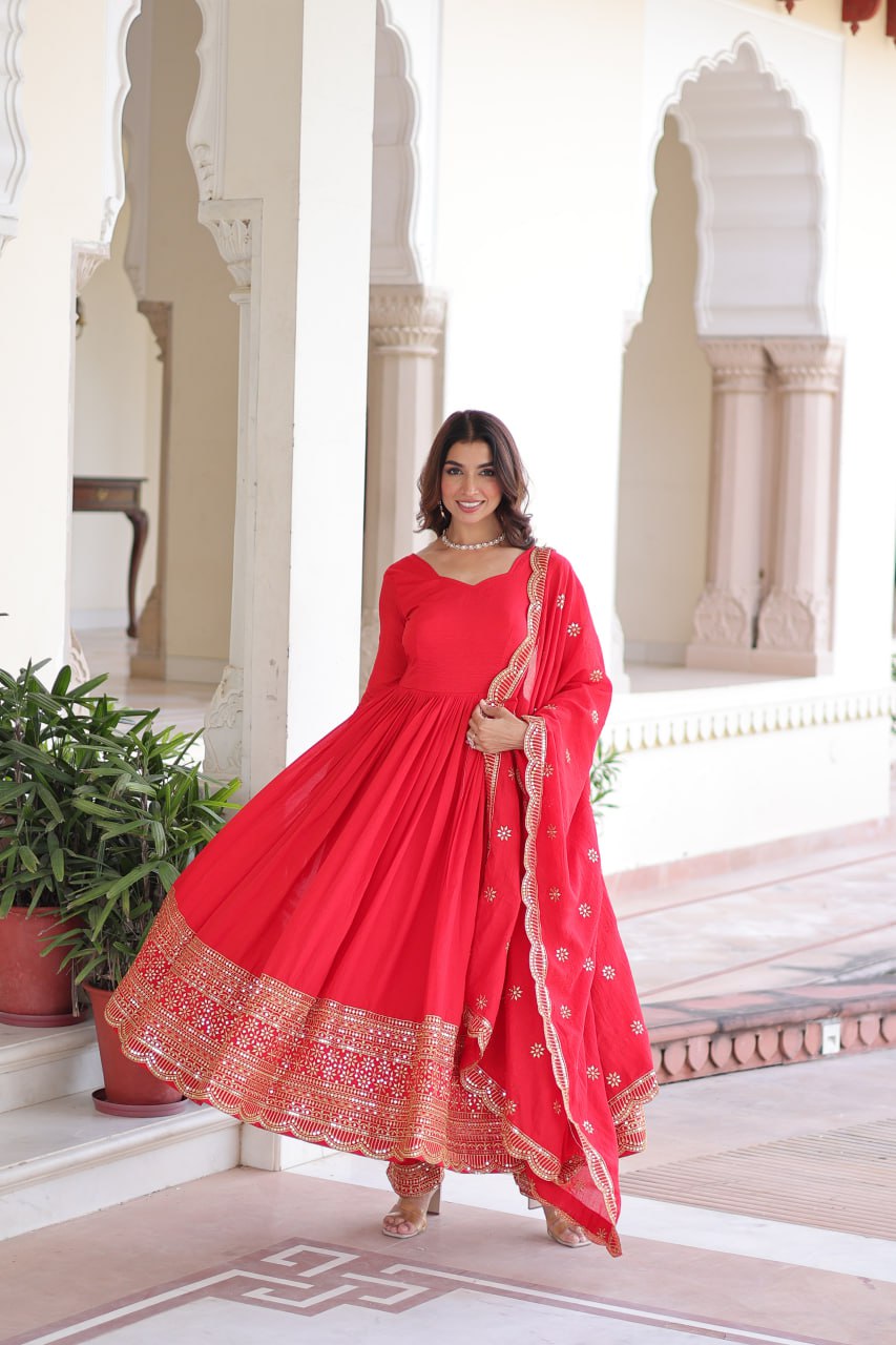 Vichitra Silk Embroidered Gown Set (Red)