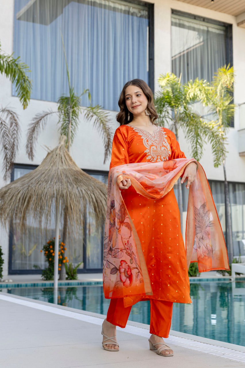 Orange Kurta Pant With Dupatta Set