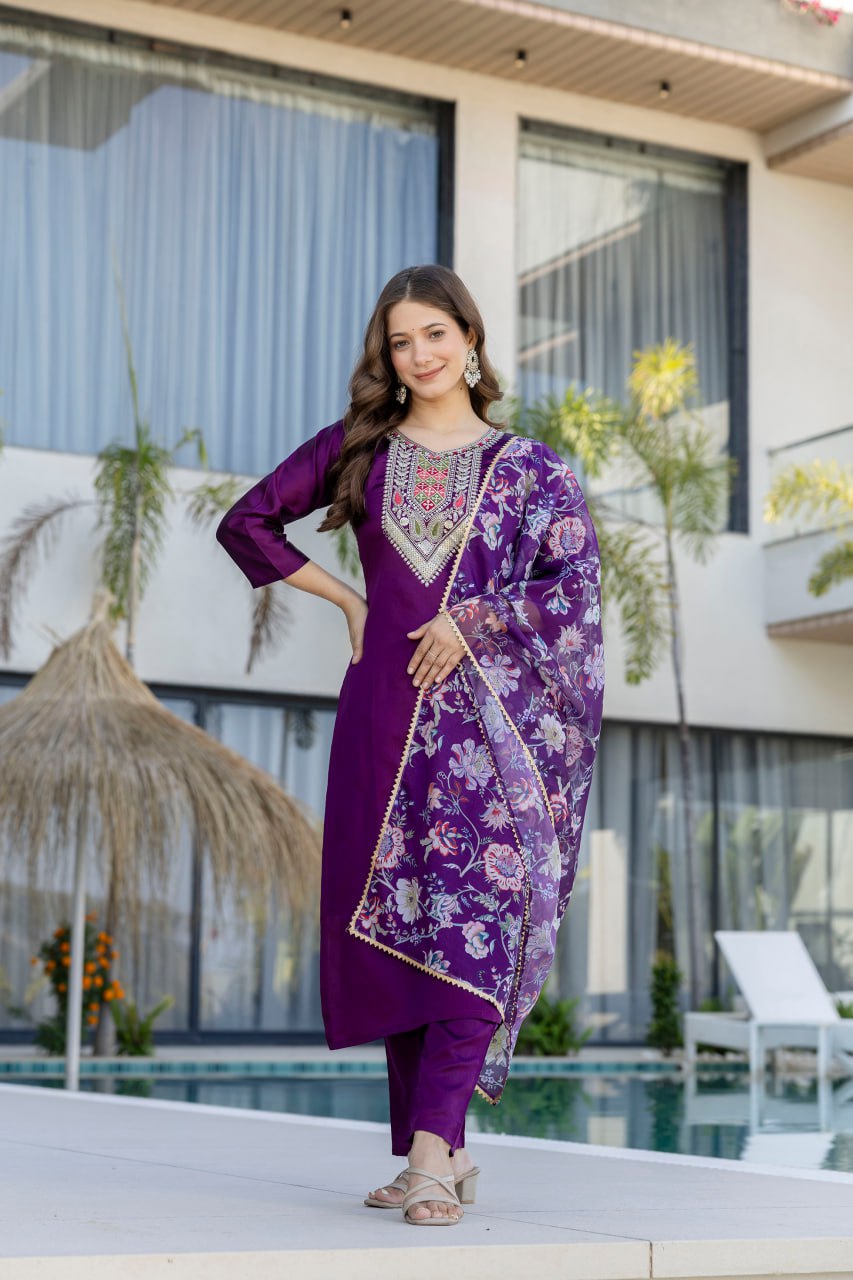 Purple Chanderi Cotton Kurta &amp; Pant Set
