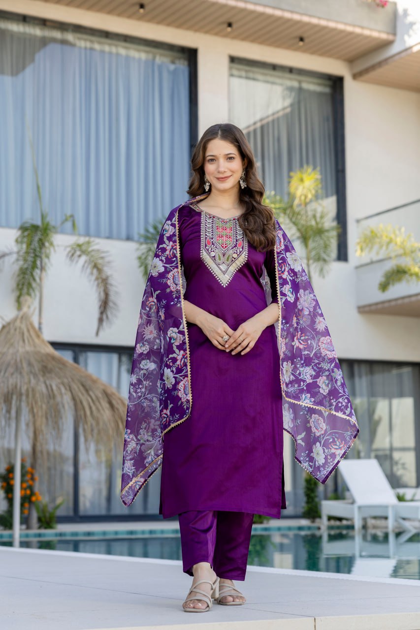 Purple Chanderi Cotton Kurta &amp; Pant Set