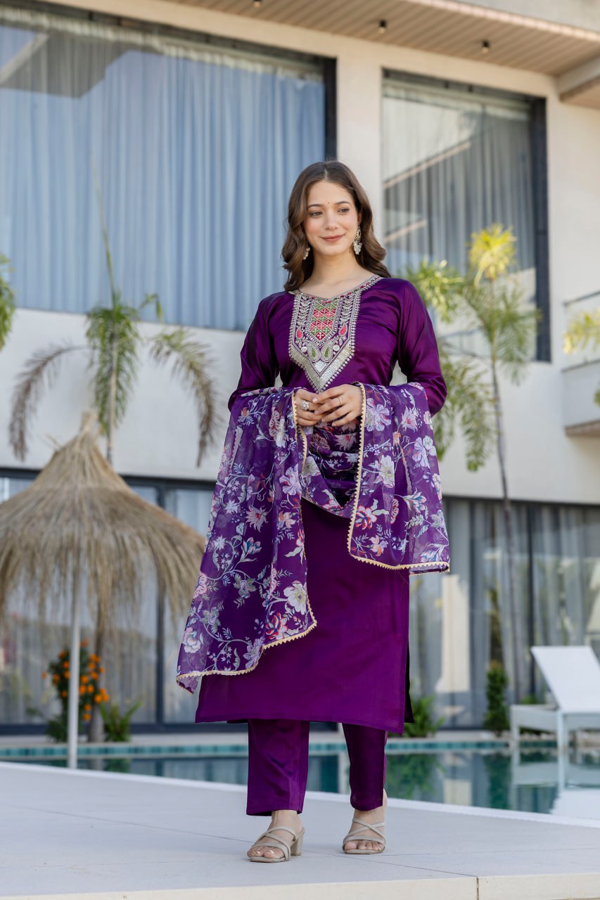 Purple Chanderi Cotton Kurta &amp; Pant Set