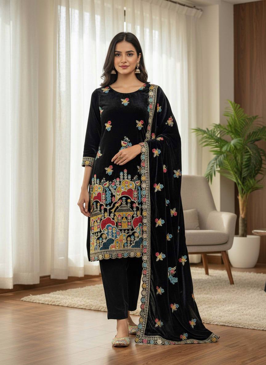 Premium Velvet Embroidered Suit Set with Sequins & Coding Work