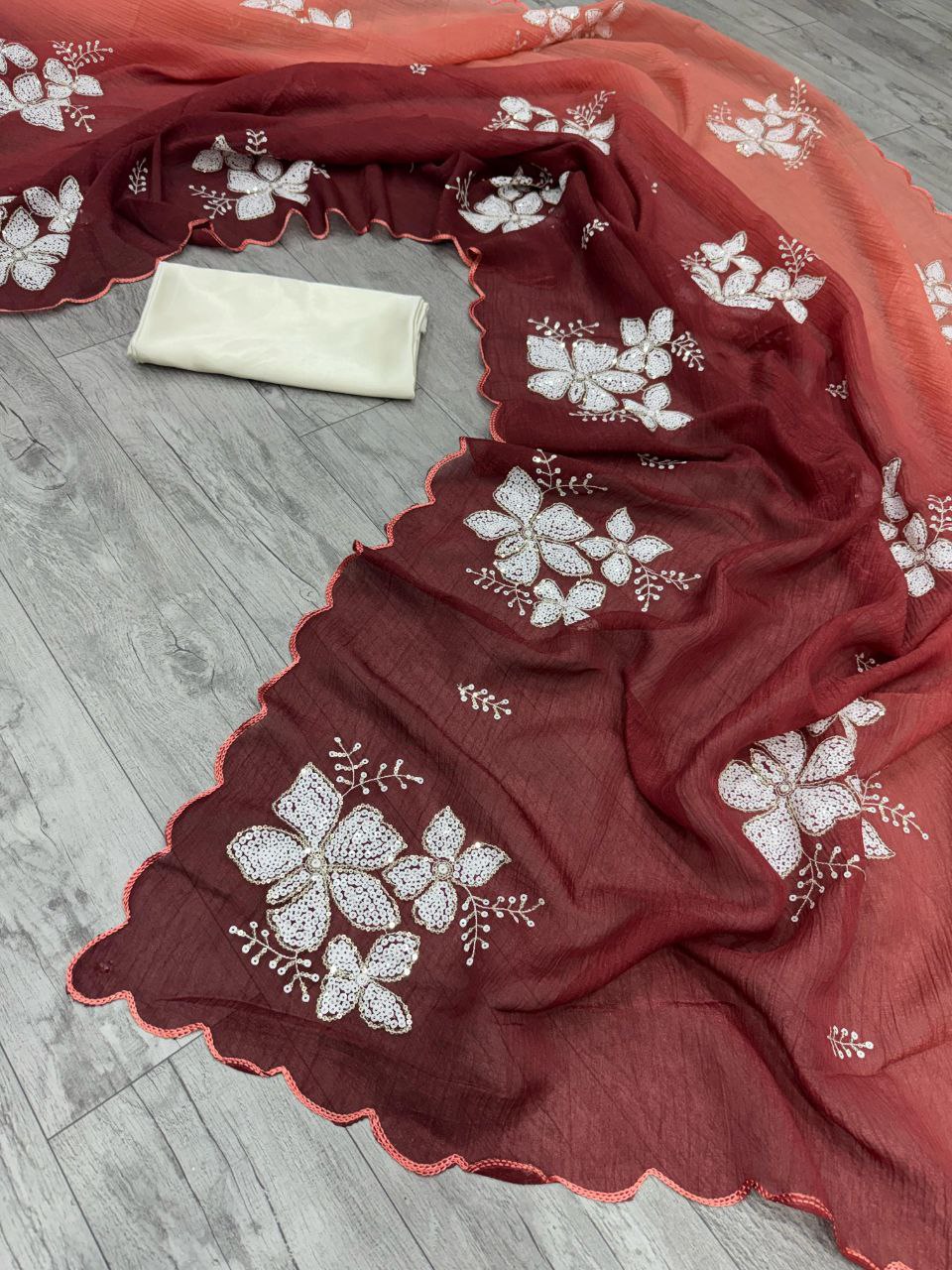 New Partywear Shaded Crunchy Silk Saree with Dual Sequin Work & Satin Silk Blouse