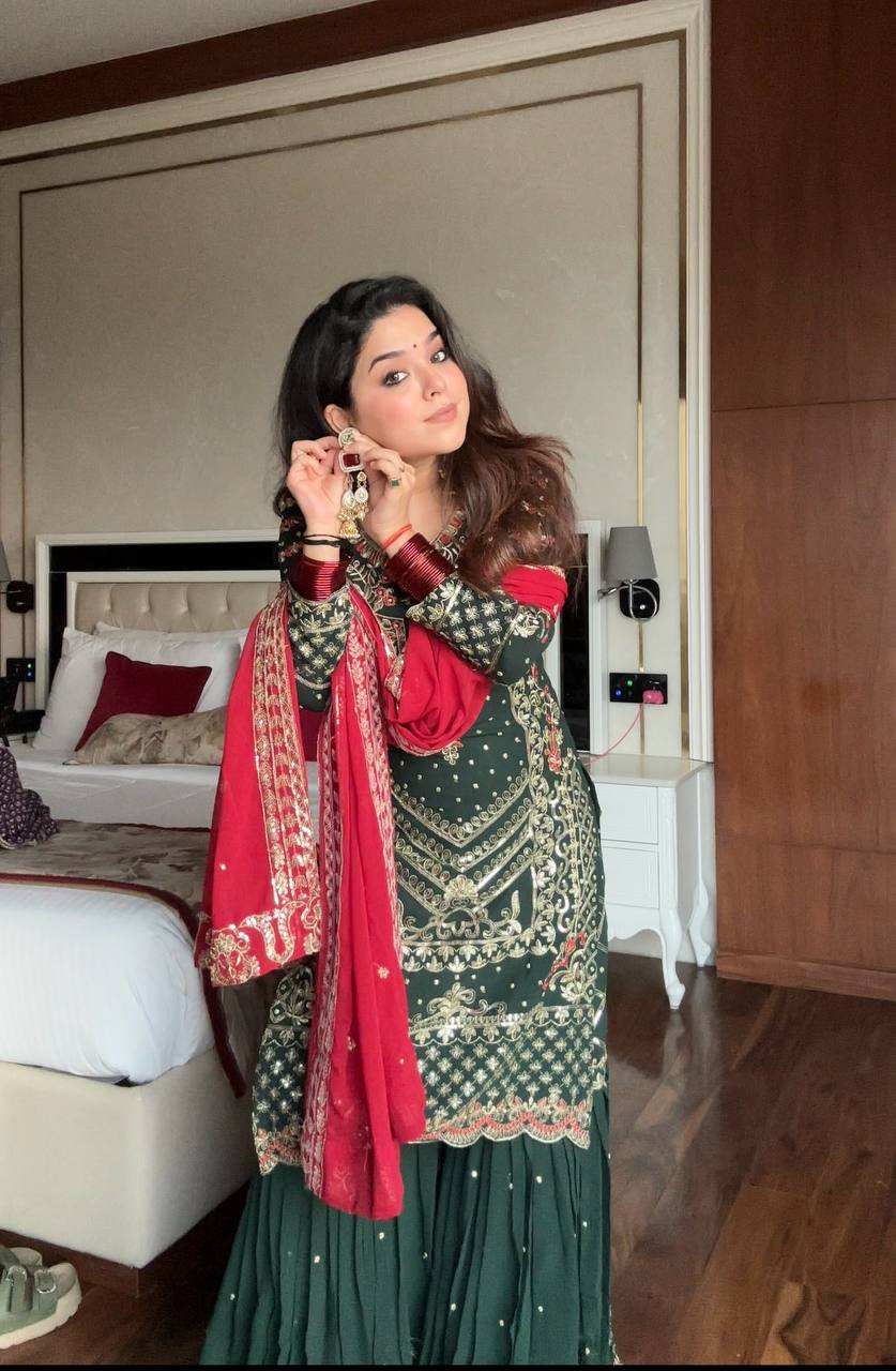 Green Color Designer Faux Georgette Kurta With Sharara Set