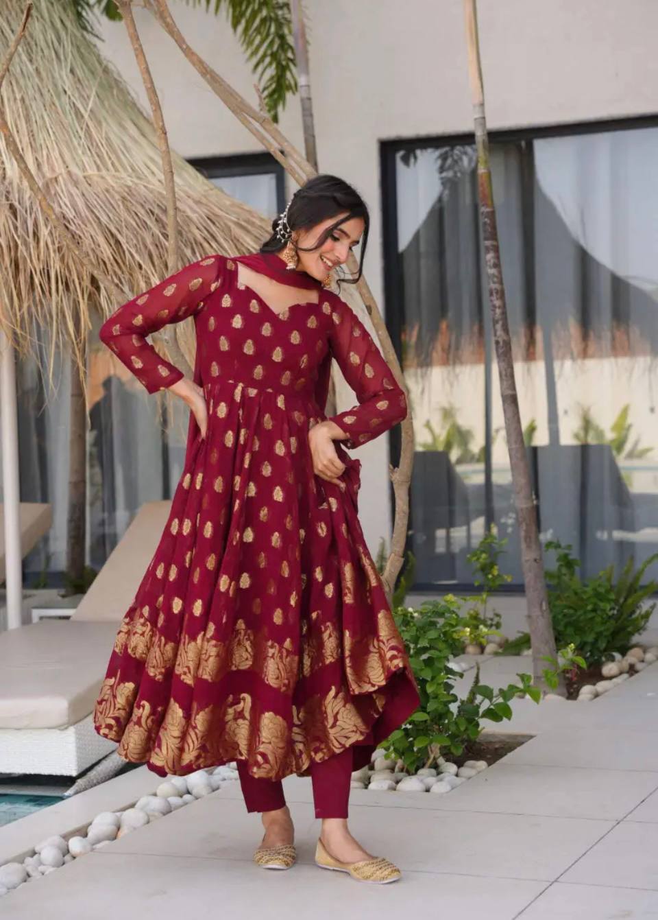 Maroon Heavy Faux Georgette with Embroidery Work n Full Sleeves Anarkali Suit