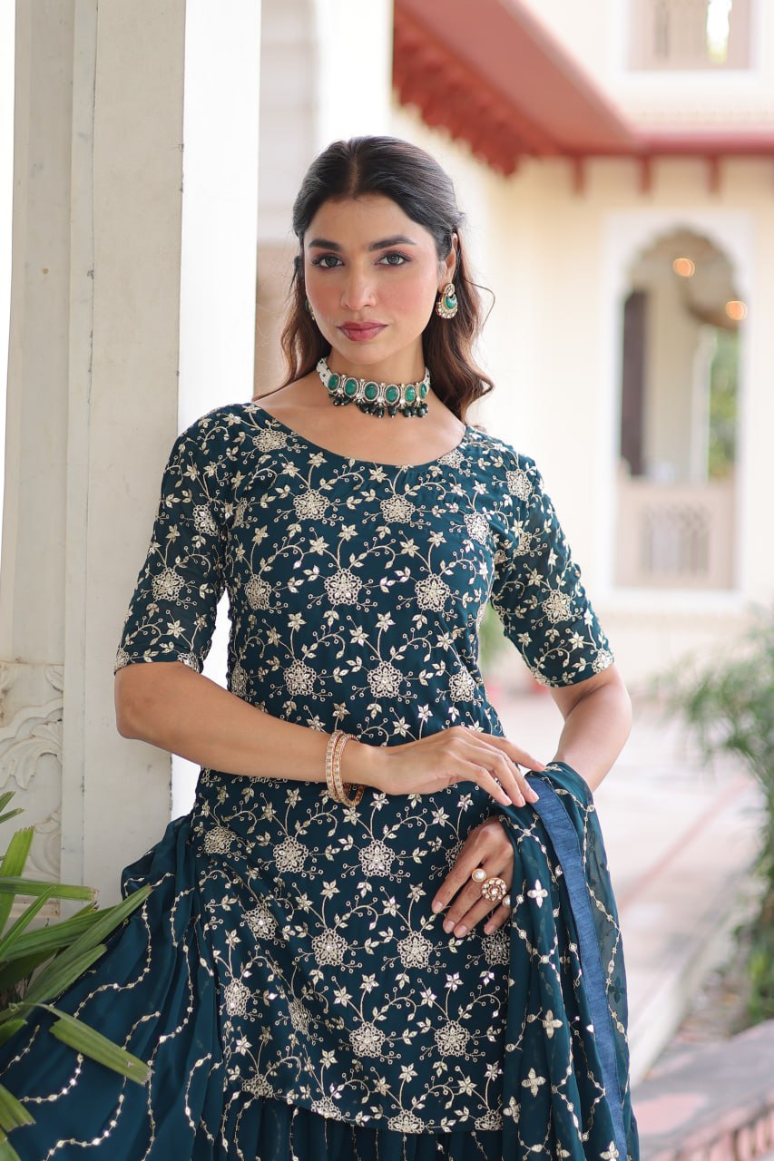 Premium Faux Georgette Kurti–Sharara Set with Heavy Sequins Work