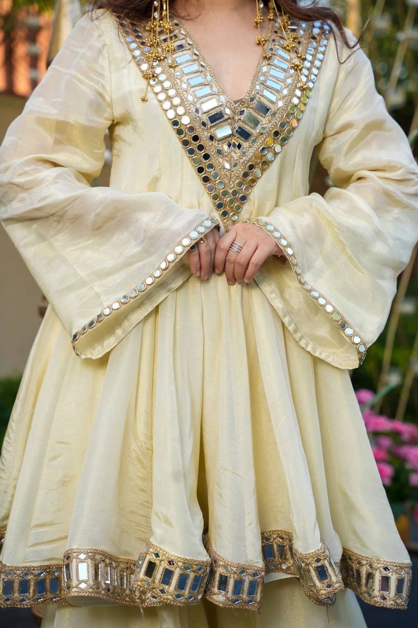 Cosmos Gold Jari Silk Sharara Set – Premium Designer Collection