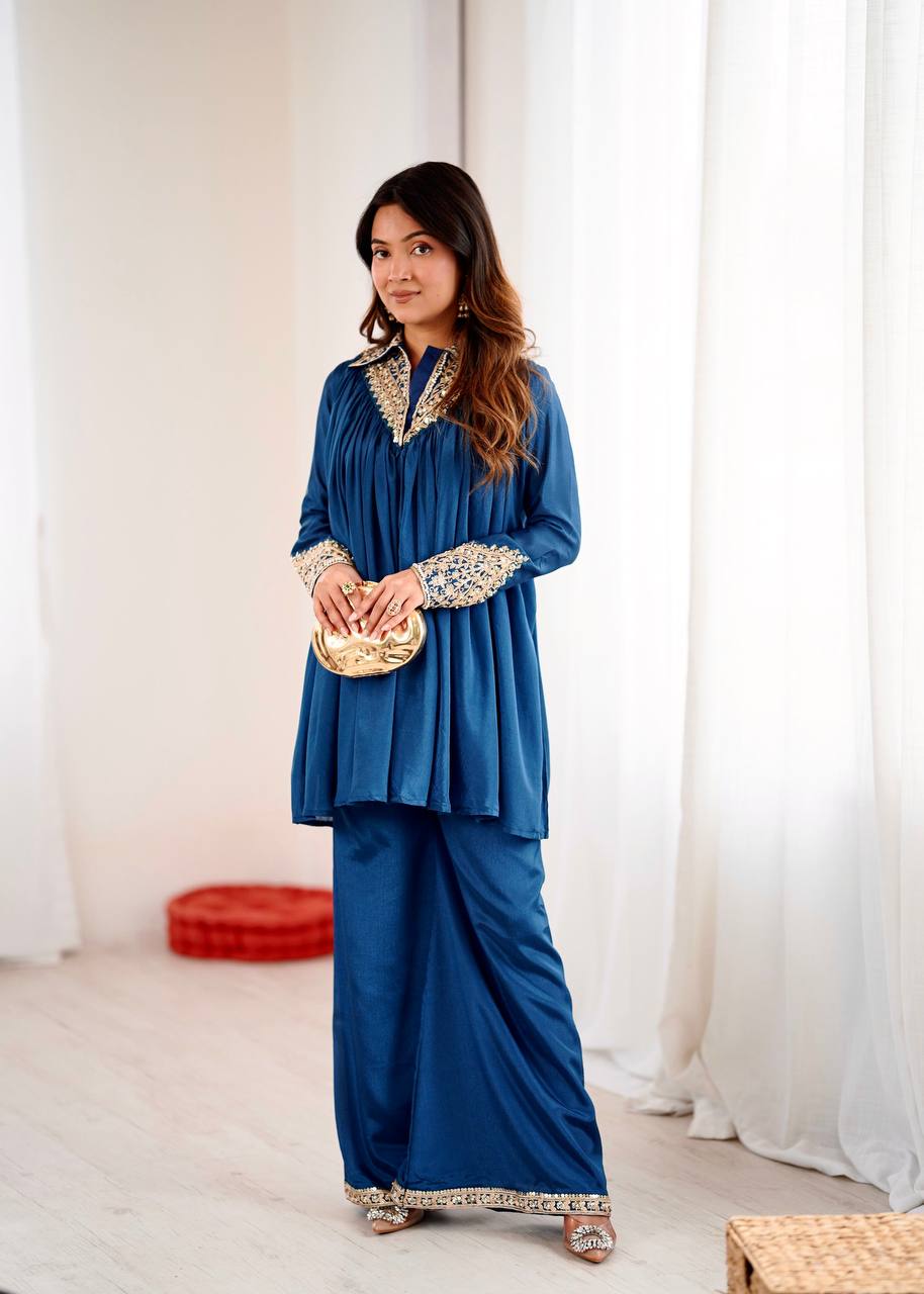 New Designer Partywear Heavy Chinon with Embroidery Sequence Work Kurta With Plazzo Set