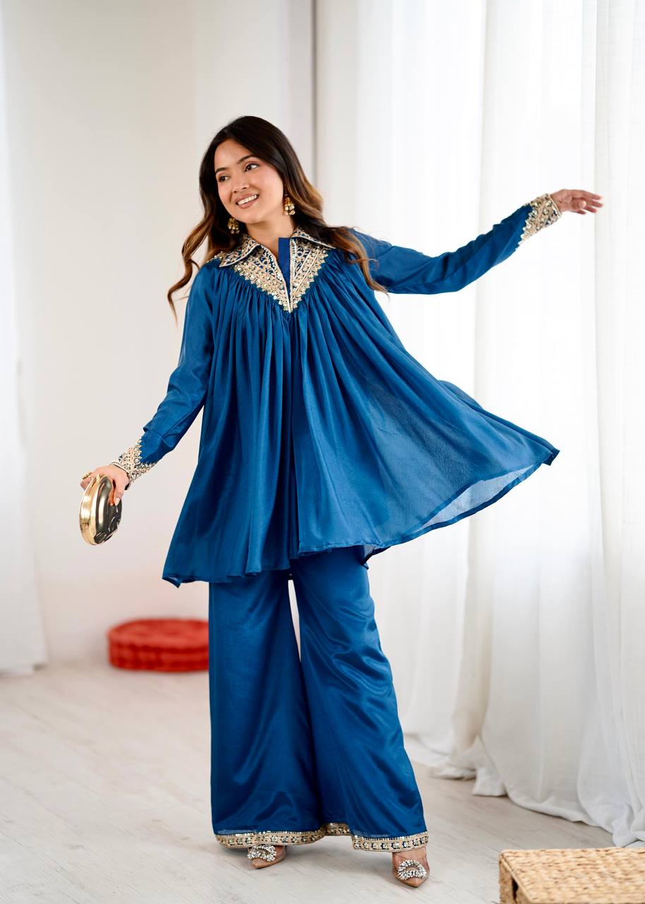 New Designer Partywear Heavy Chinon with Embroidery Sequence Work Kurta With Plazzo Set
