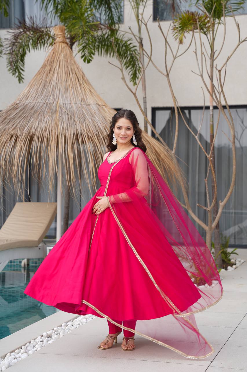 Pink Color Premium Heavy Roman Silk Anarkali Set