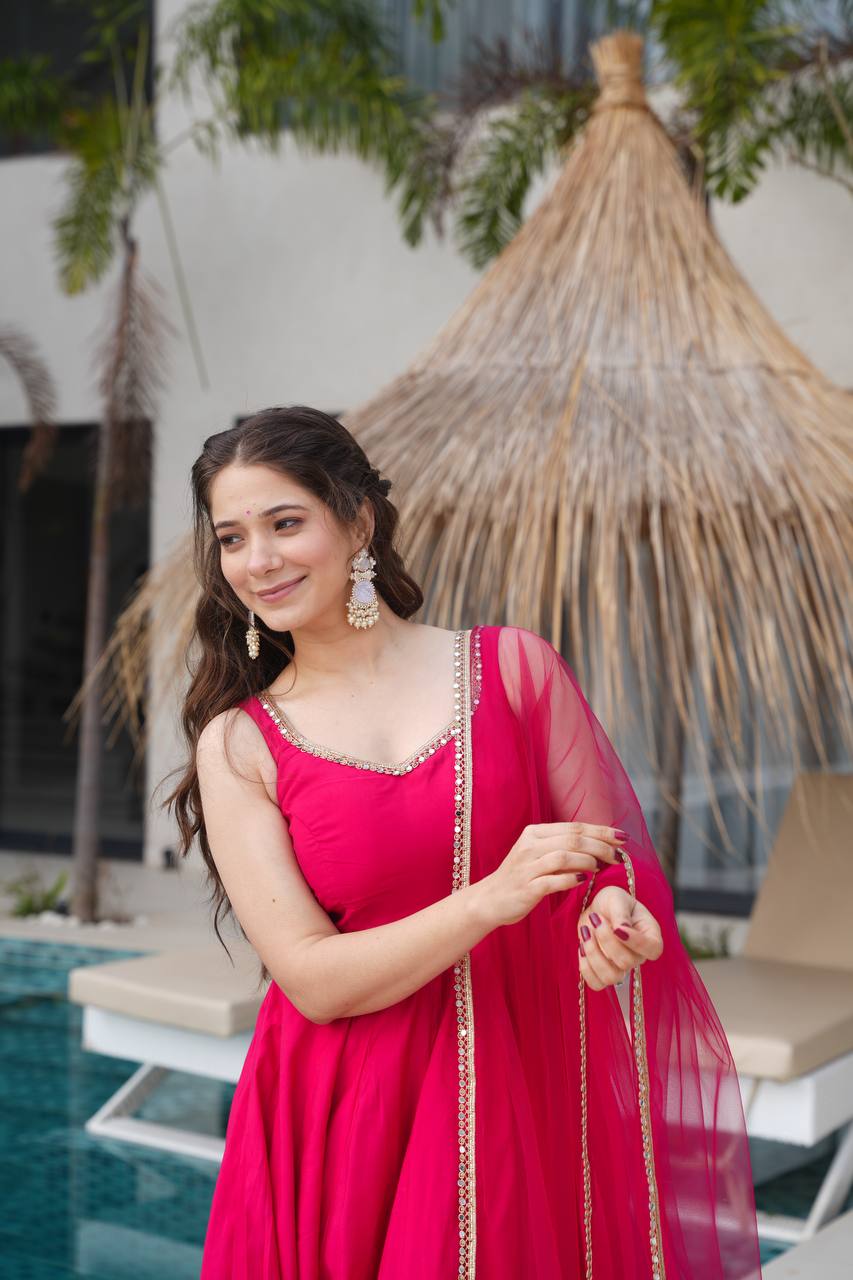 Pink Color Premium Heavy Roman Silk Anarkali Set