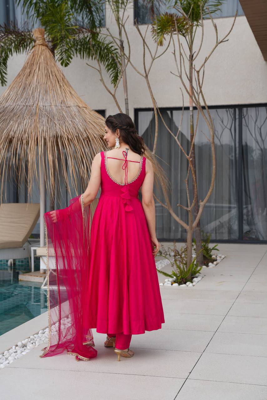 Pink Color Premium Heavy Roman Silk Anarkali Set