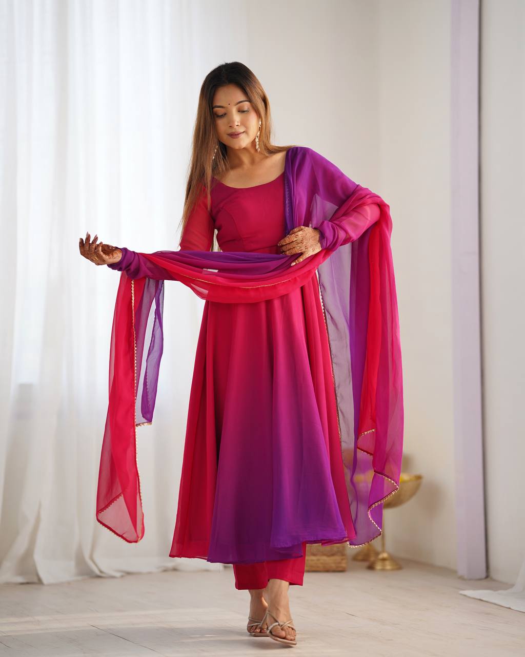 Colourful Padded Fox Georgette Anarkali with Dupatta & Pant – Ready to Wear