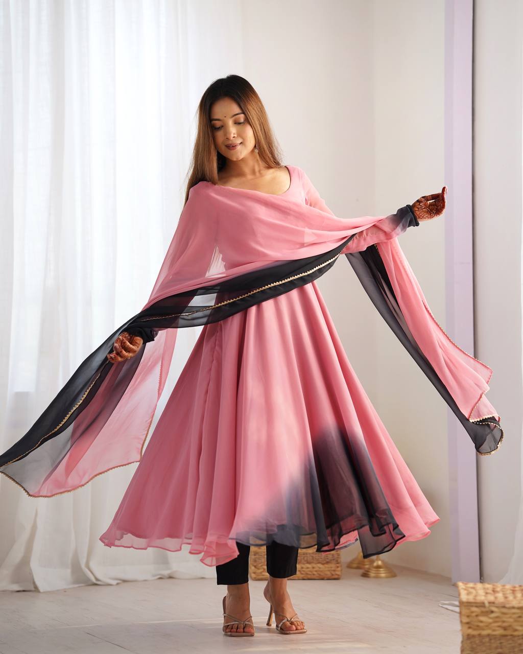 Luxury Anarkali Set – Fox Georgette, Dupatta with Lace Work & Roman Silk Pant