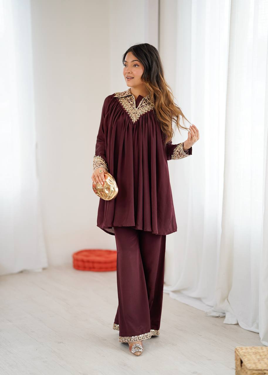 New Designer Partywear Heavy Chinon with Embroidery Sequence Work Kurta With Plazzo Set
