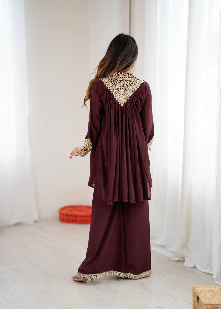 New Designer Partywear Heavy Chinon with Embroidery Sequence Work Kurta With Plazzo Set