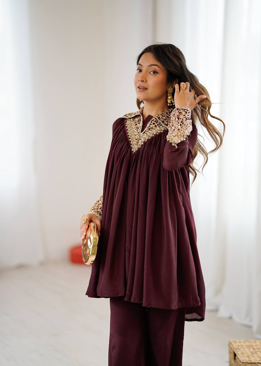 New Designer Partywear Heavy Chinon with Embroidery Sequence Work Kurta With Plazzo Set