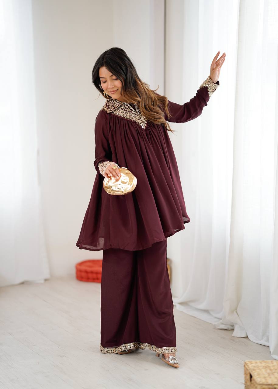 New Designer Partywear Heavy Chinon with Embroidery Sequence Work Kurta With Plazzo Set
