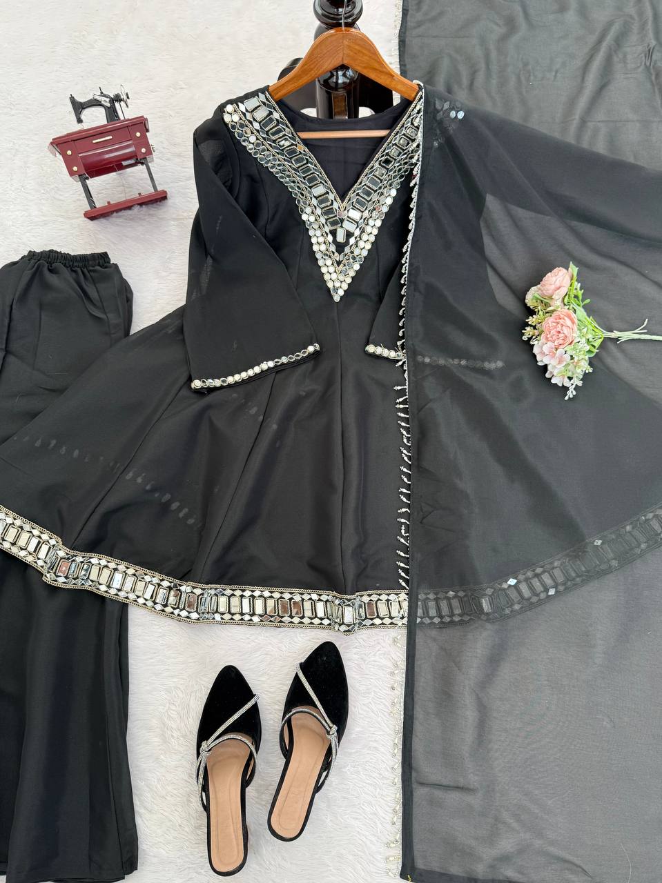 Black Cosmos Gold Jari Silk Sharara Set – Premium Designer Collection