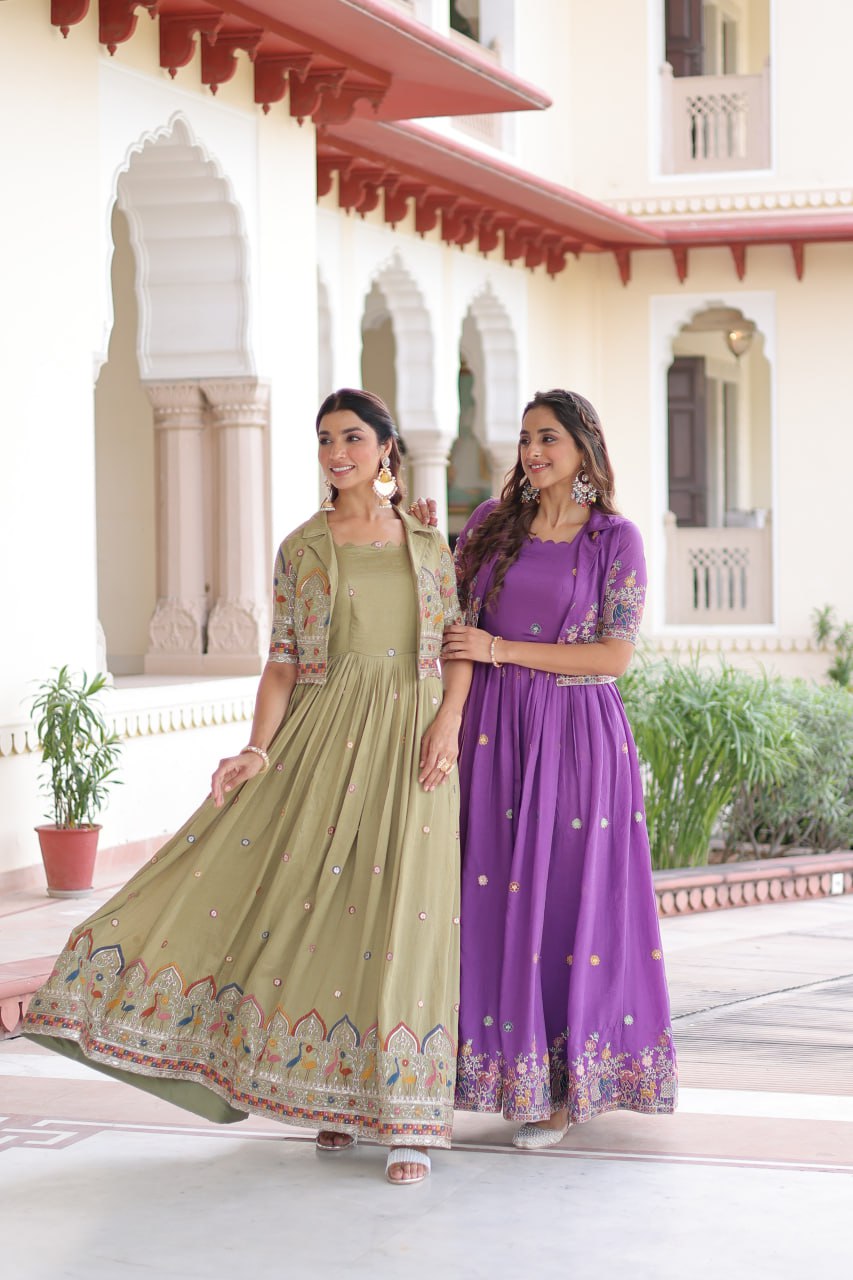 Vichitra Silk Embroidered Gown With Stylish Koti