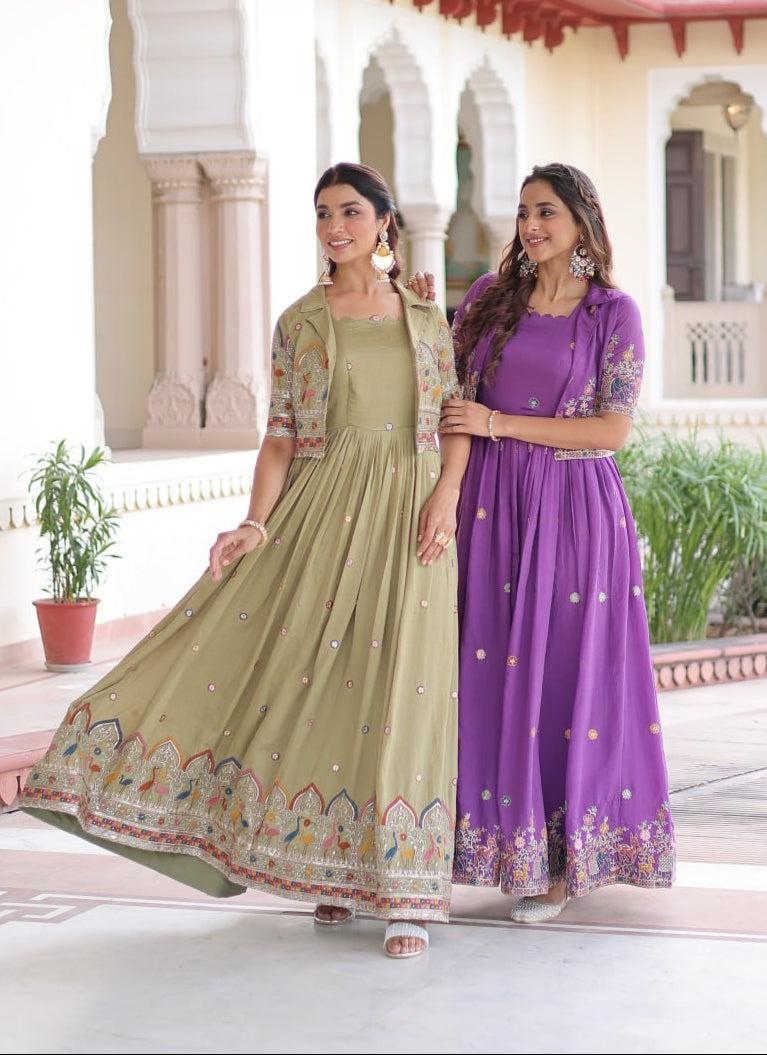 Vijodhya Premium Vichitra Silk Gown Set with Embroidered Koti