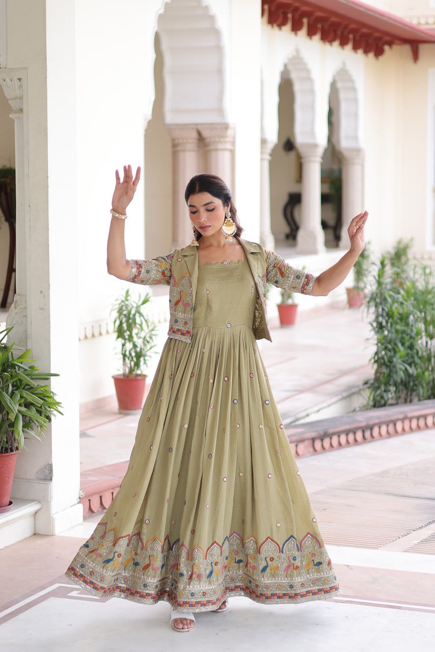Vichitra Silk Embroidered Gown With Stylish Koti