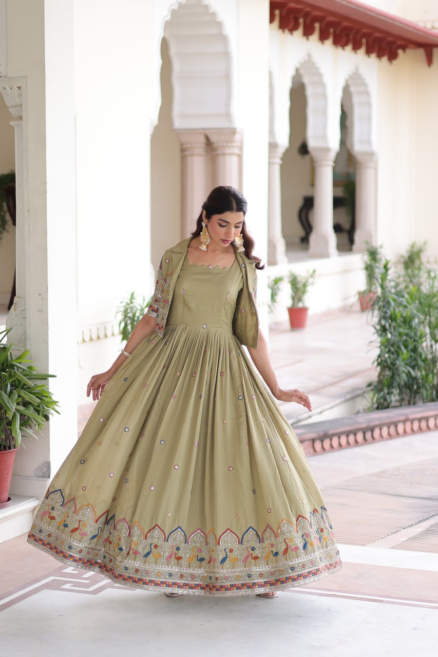 Vichitra Silk Embroidered Gown With Stylish Koti